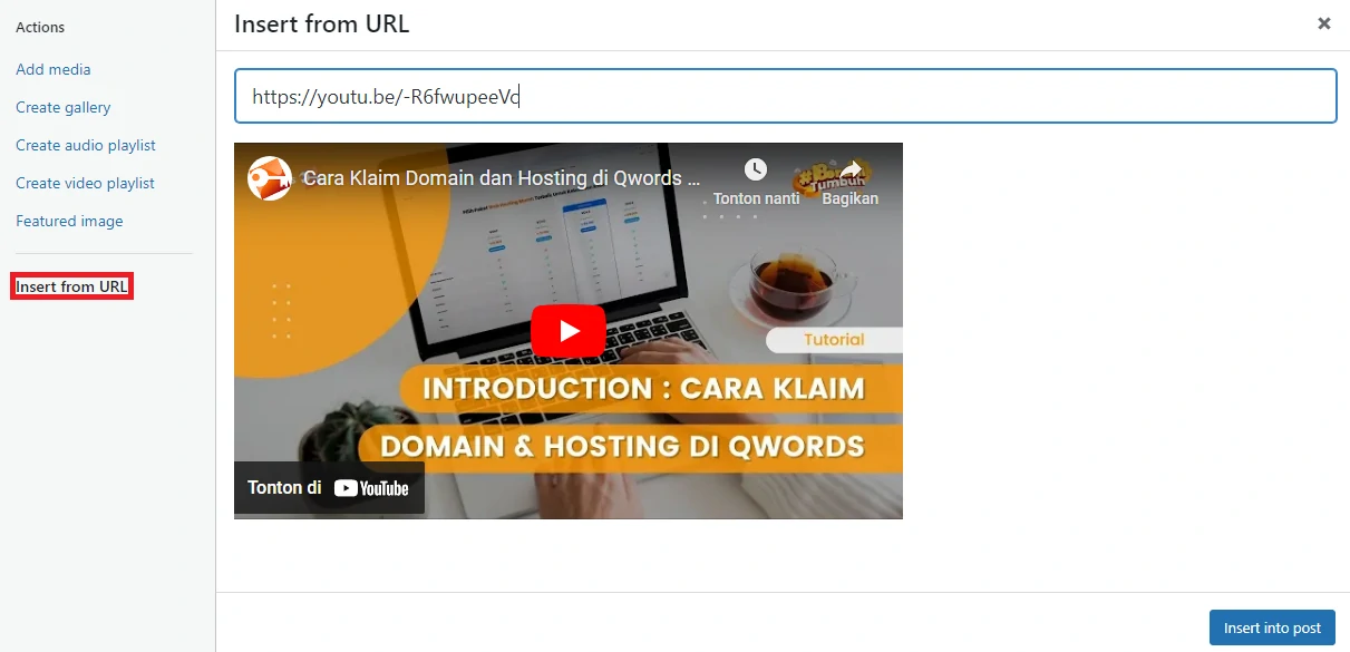 klik insert from URL untuk menampilkan embed video dengan metode oEmbed