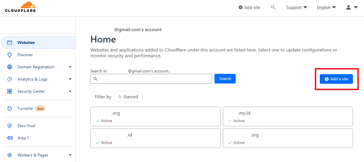 cara redirect domain tanpa hosting, pilih add site pada menu Cloudflare